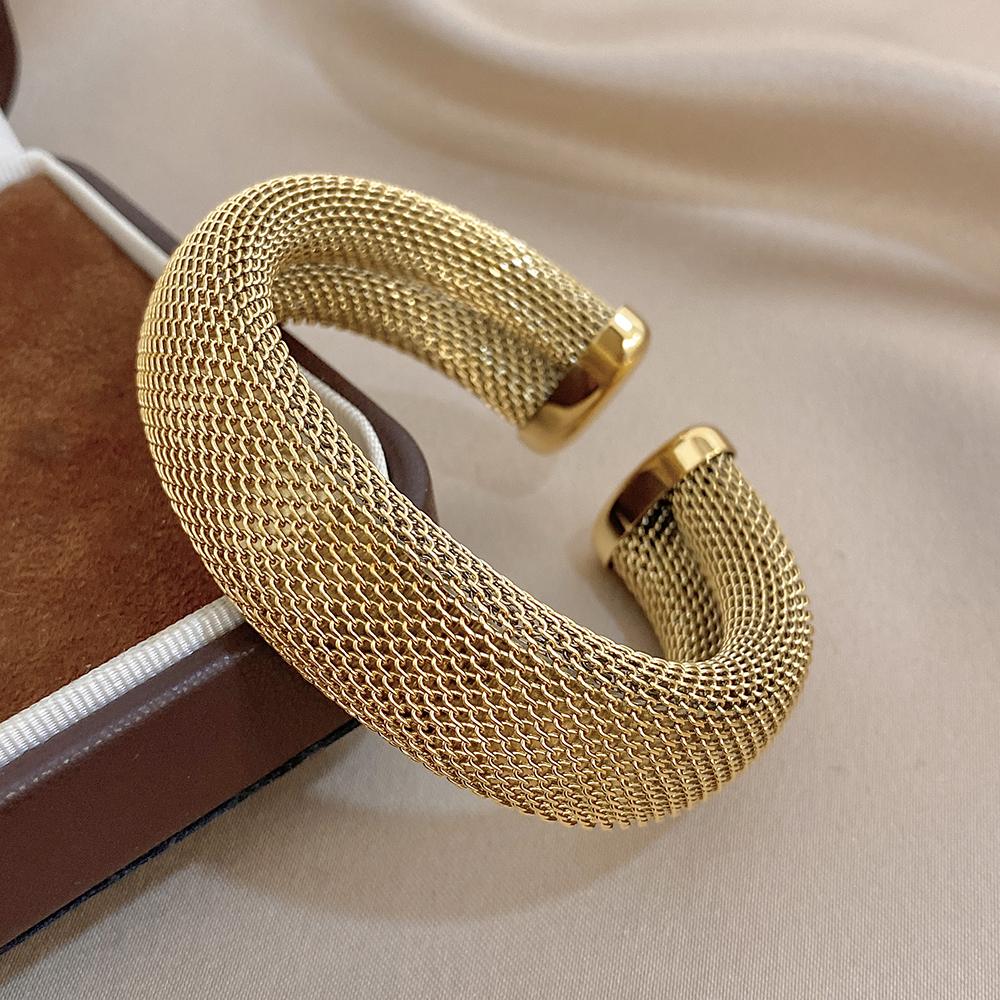 Vintage Hollow Mesh Wide Bracelet for Women Chic Gold Silver Color Stainless Steel Cuff Bangle Bracelets Waterproof Jewelry