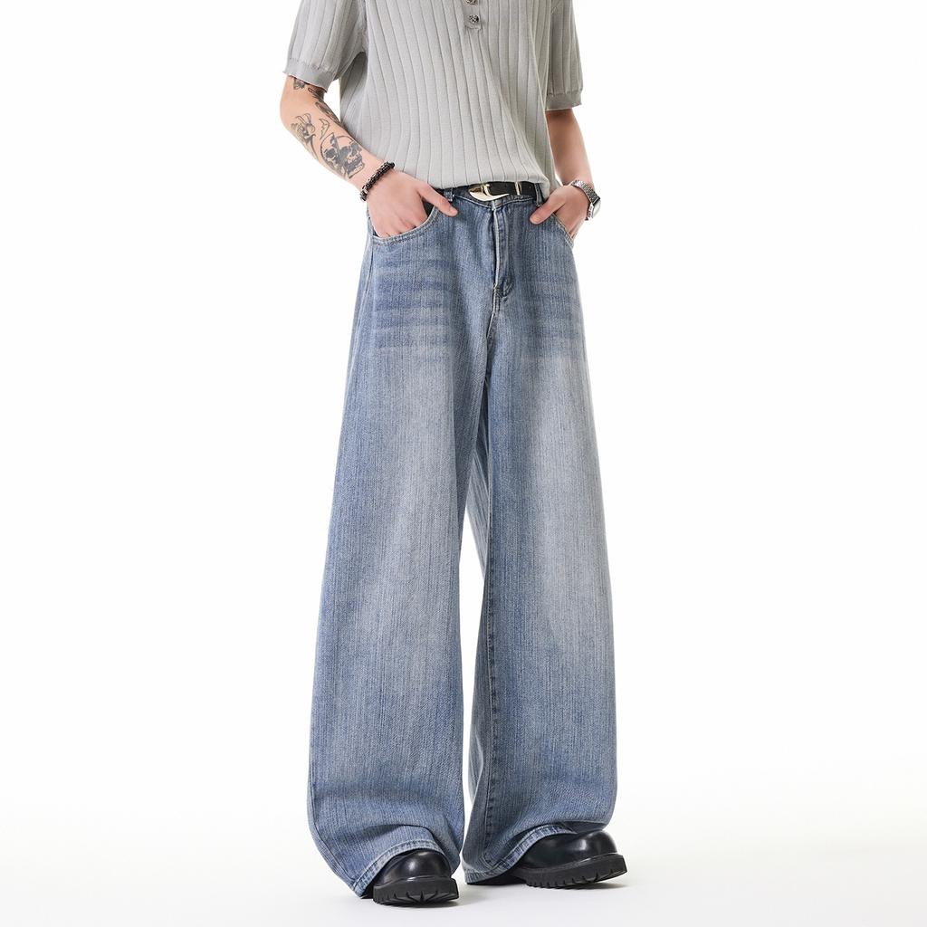 Summer Horizontal Pattern Washed Wide-leg Jeans Men's Thin Mopping Pants Loose Drop American High Street Casual Men's Pants