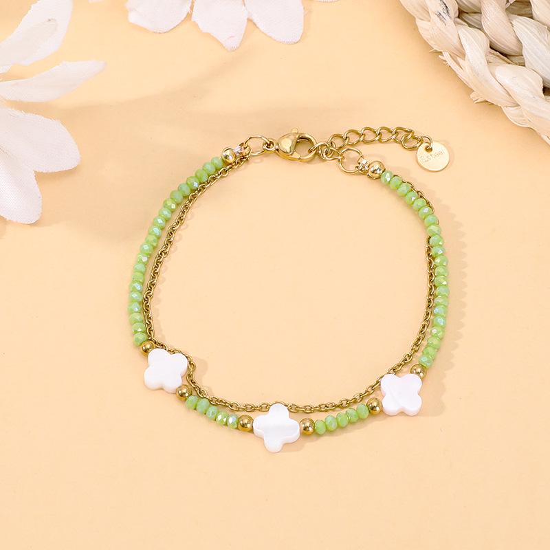 

Bohemian Double-Layer Beaded Bracelet with Colorful Crystals and Four-Leaf Clover