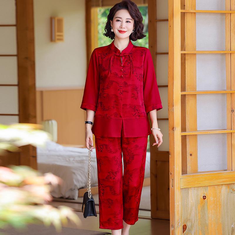 

Mother s Day Seven-Sleeve Top - Stylish Chinese National Style for Middle-Aged Women XL (80-95 lbs)