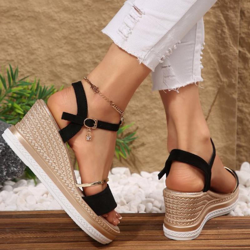 Mote Sommer Sued Metallstenger Kile Sandaler for Kvinner Åpen Tå Romerske Sandaler Plattform Justerbar Stropp Sko Kvinne Slides
