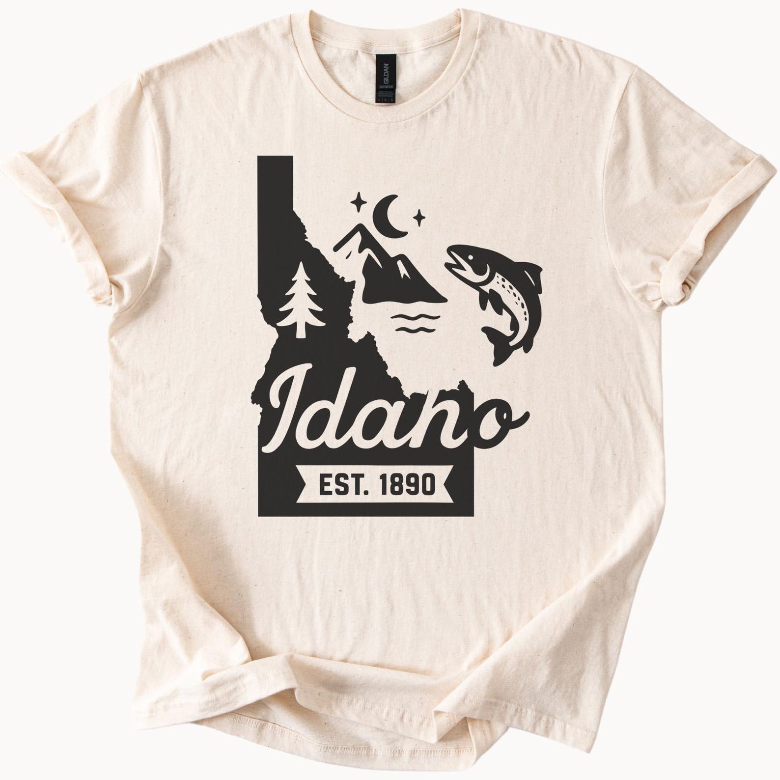 Idaho Nature Shirt Mountain Trout Fish Graphic Tree Moon Design Outline State Est 1890 Idaho Outdoor Hiking Camping Tee T Shirt 130
