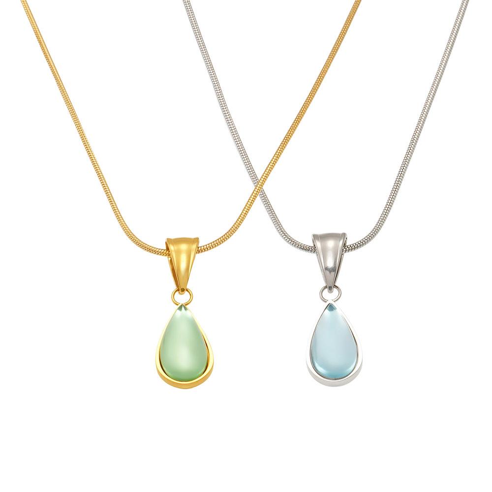 Oumaijia French Luxury Green Blue Glass Teardrop Pendant Necklace for Women – Minimalist Clavicle Chain Jewelry