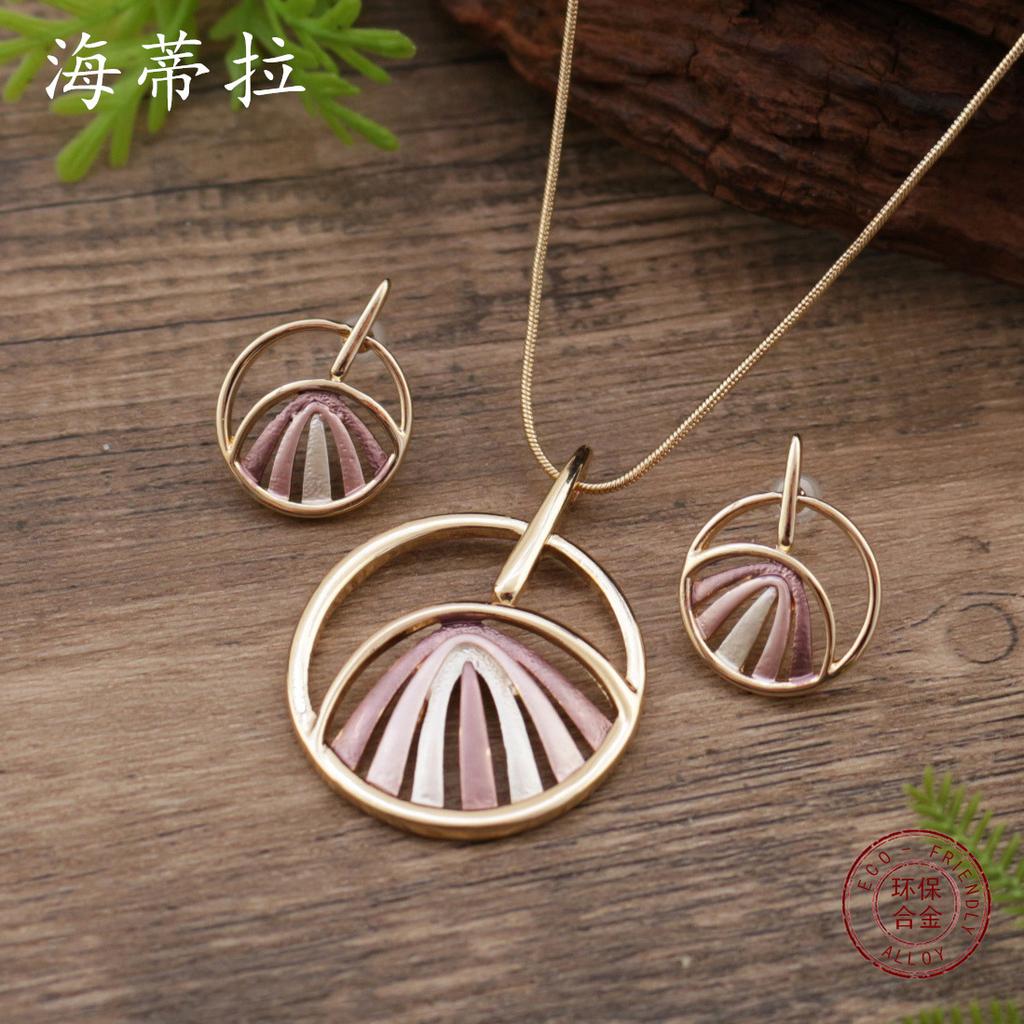 New Enamel Color Round Hollow Line Stud Earrings Pendant Set, Women's Simple Round Line Necklace