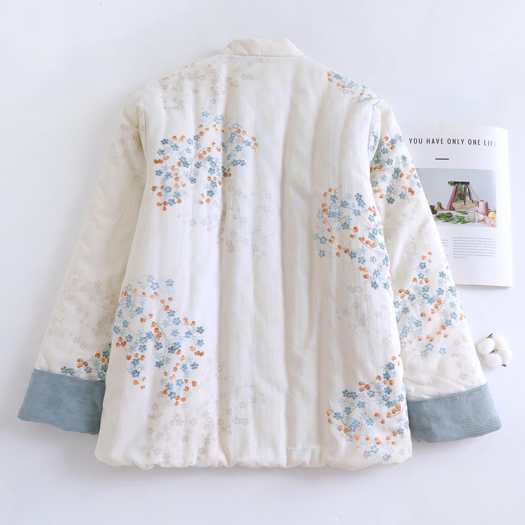 Women's Floral Print Quilted Cotton Coat New Chinese Style Stand Collar Frog Button Long Sleeve Winter Jacket
