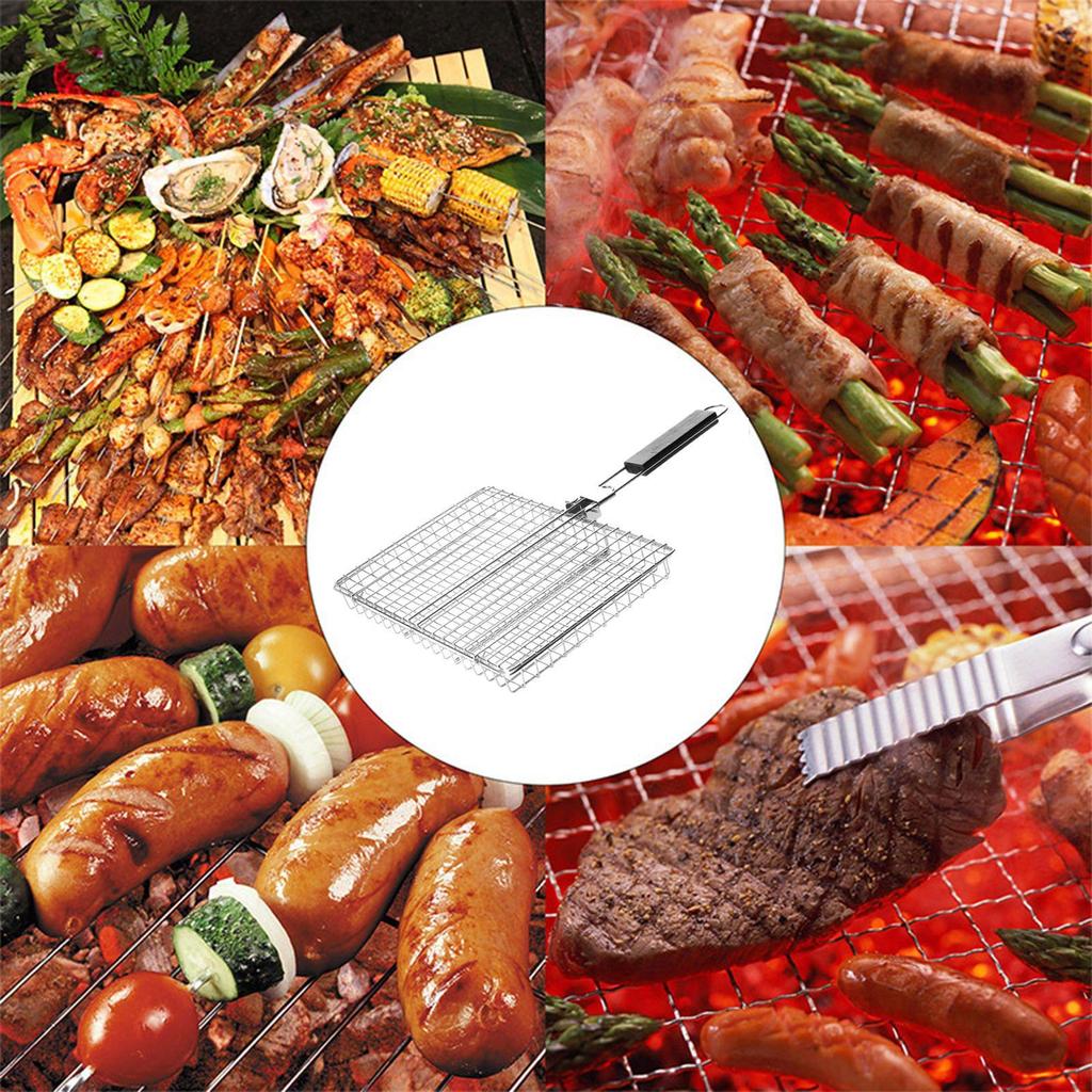 BBQ Grill Basket Stainless Steel Foldable Handle Reusable Easy To Clean Portable Clip for