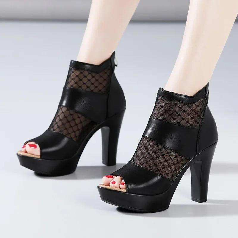 8cm 10cm Small Size 32-43 Mesh Leather Shoes Platform Sandals 2025 Summer Block High Heels Gladiator Sandals Office Model
