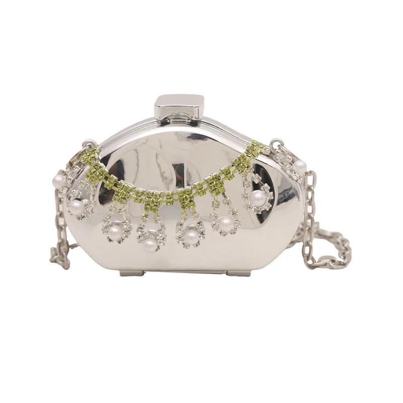 Metal Mini Bag Rhinestone Tassel Shoulder Bags Women's Chain Crossbody Chain Box Bags Gold Evening Bag