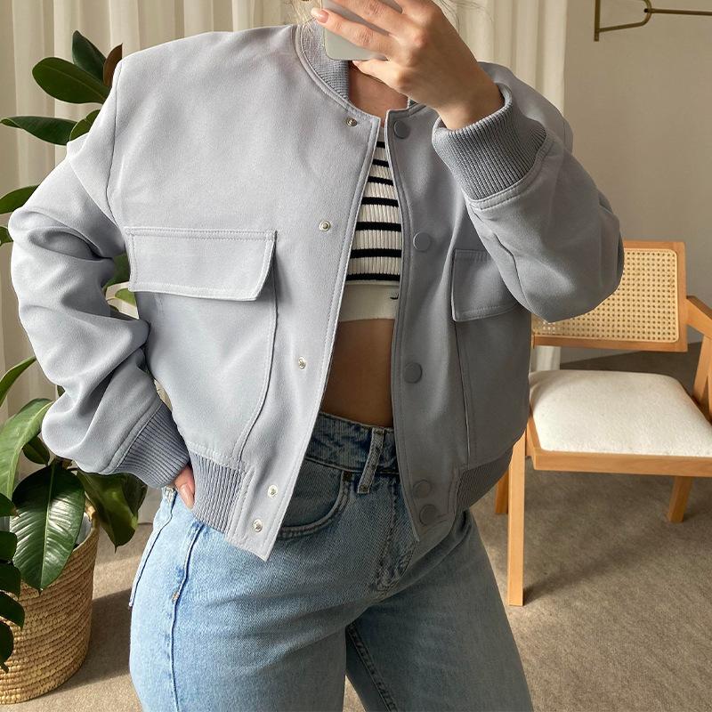 Women Fashion with Pockets Bomber Jacket Coats Vintage Long Sleeve Front Button Casual Female Outerwear Chic Tops