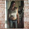 New Trendy HD Metal Wall Art Modern D Flat Design Featuring a Gorgeous Brunette Woman with Long Wavy Hair Wearing a Stylish R