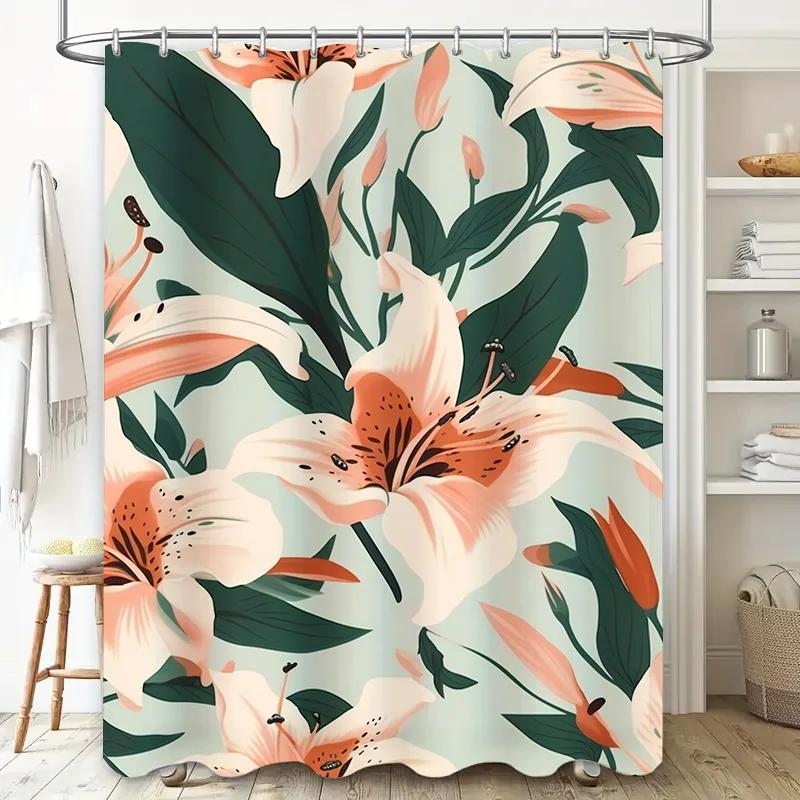 Botanical pink and Orange Lilies Waterproof Shower Curtain-Lush Green Leaves Soft Gradient, Modern Bathroom Decor