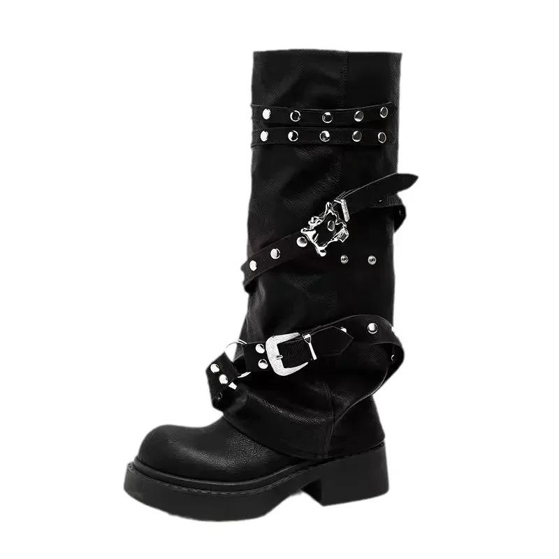 Fashion Retro Round Toe Pants Boots Fashion Walking Shoes Women Flats Knee High Chelsea Boots New Trend Motorcycle Boots Mujer Zapatos