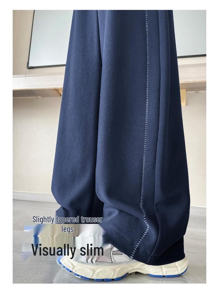 Women's Autumn 2025 Dark Blue High-Waisted Floor-Length Wide-Leg Trousers: Slimming Drape Style, Casual Fit (Model 23276)
