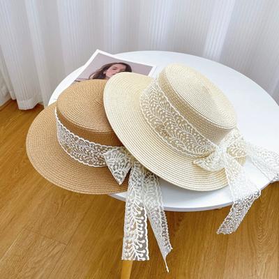Summer Beach Straw Hat For Women Lace Bow Wide Brim Sun Protection Hat Travel  Vacation Sunscreen Cap