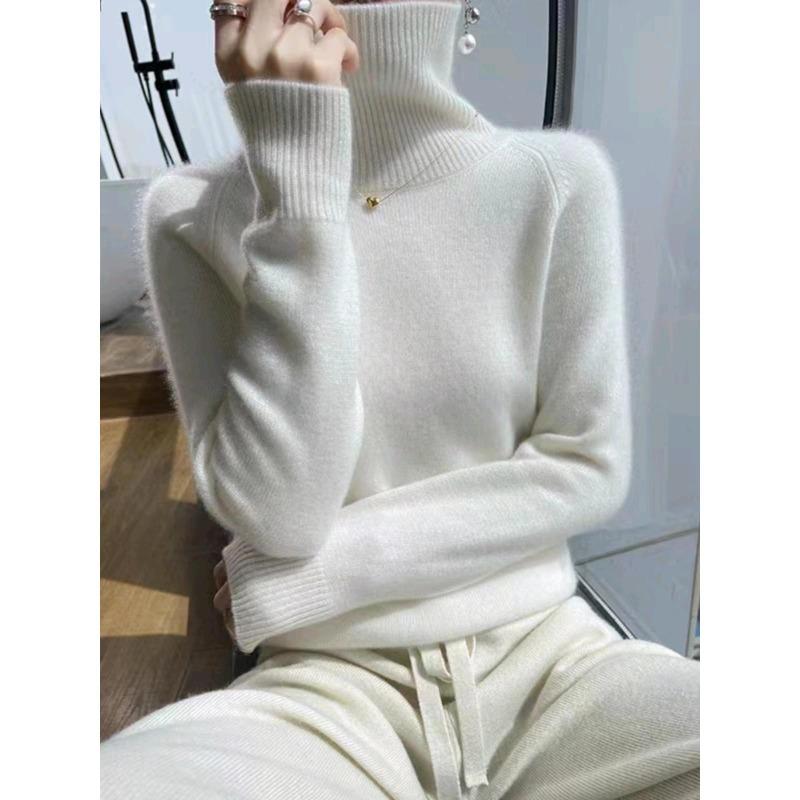 High-end lapel pure wool sweater women's turtleneck knitted and loose sweater solid color pullover bottoming shirt autumn and winter