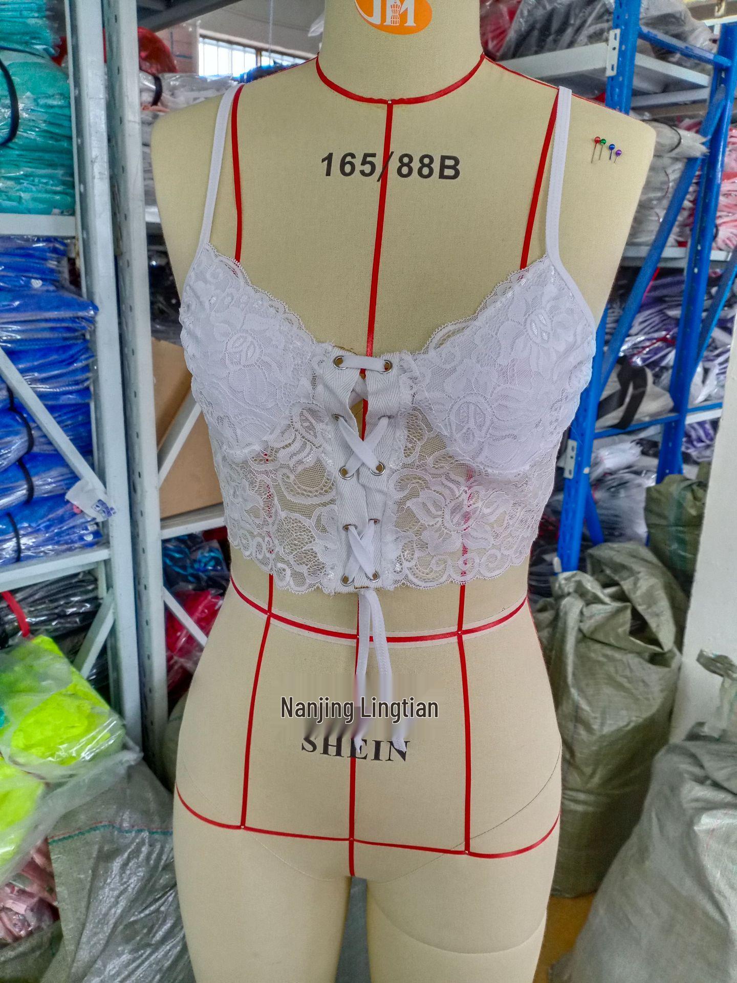 Elegant French Drawstring Camisole with Chest Pads, Lace Strapless Design, Backless Wrap, Perfect for Layering or Solo Wear. M