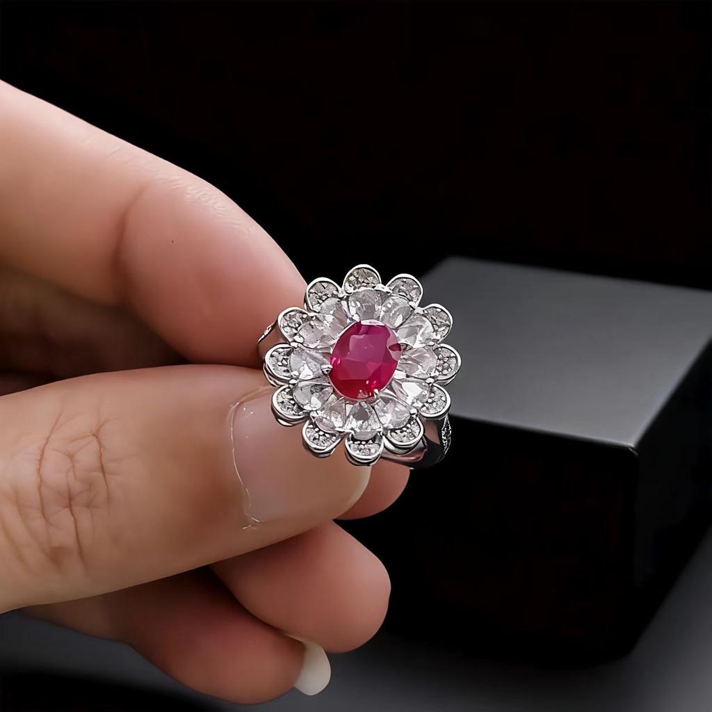 Fashion Jewelry Blossom Rich Ruby Emerald Ring Heavy Industry Luxury Full Of Diamonds Flower Ring