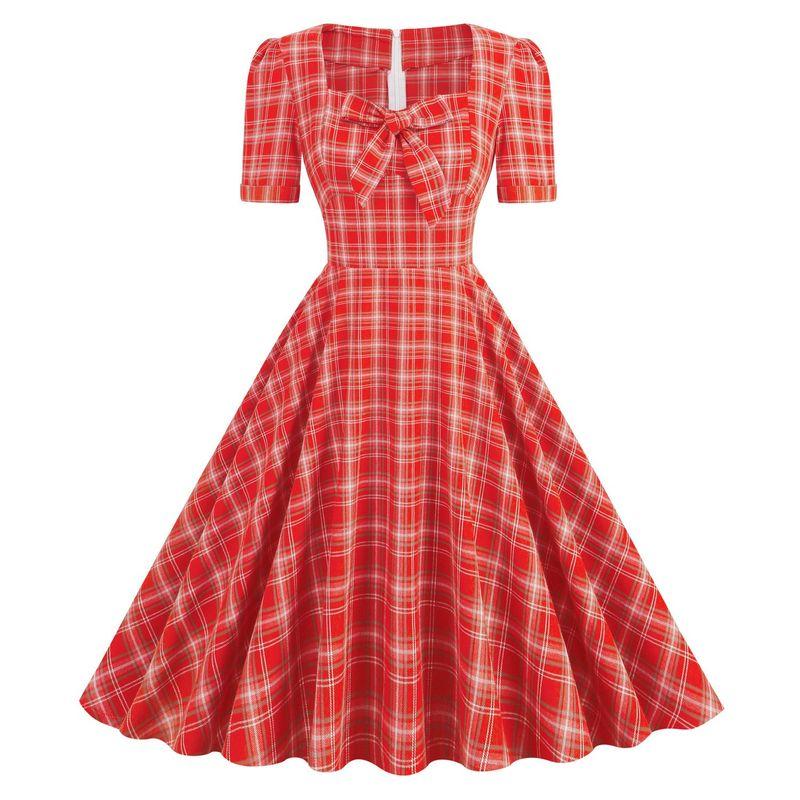 

Европейский, американский и французский стиль Ретро S Чувство Утренние халаты Приталенный силуэт Квадратный вырез Клетчатые банты Приталенное Платье с большим подолом и короткими рукавами Тренд Red S