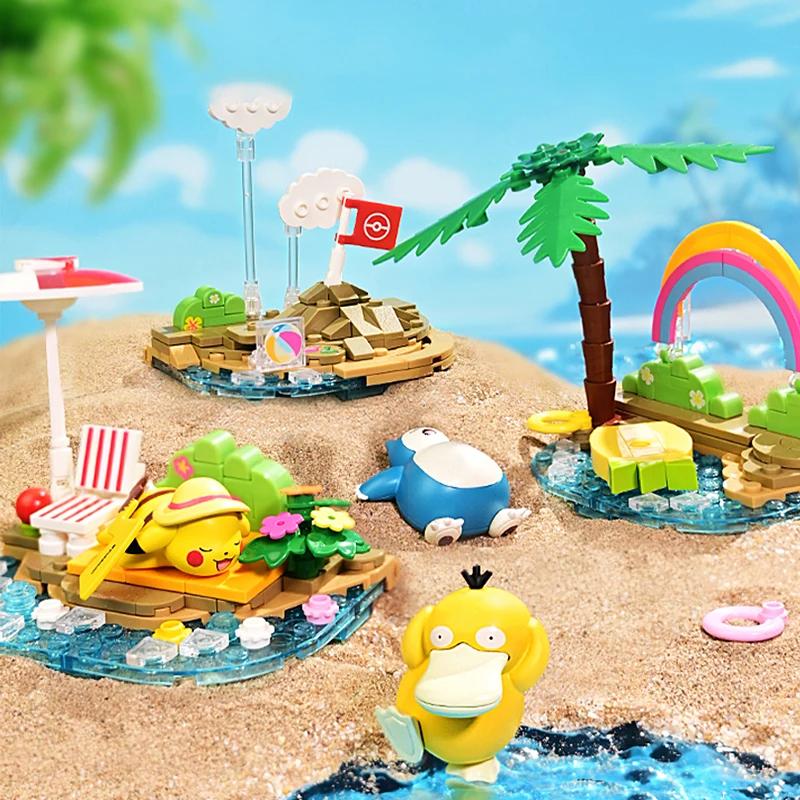 Pokemon Building Blocks Pikachu Psyduck Seaside Party Theme Scene Model Bricks Desktop Ornaments Collection Display Kids Toys