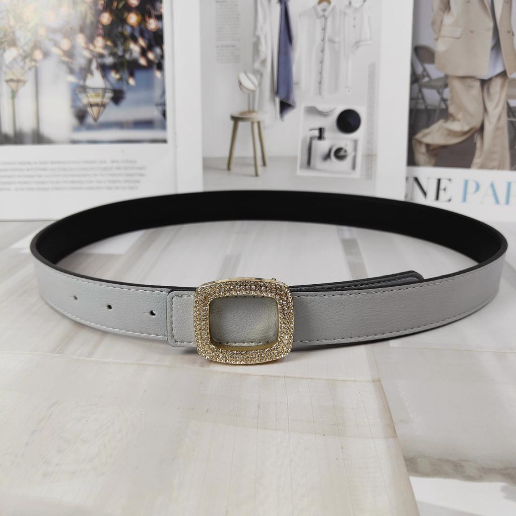 New Color Lychee Pattern Cowhide Belt Women'S Square Diamond-Encrusted Smooth Buckle Simple Jeans Belt