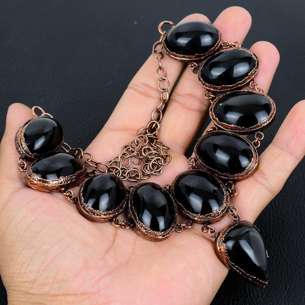 Black Obsidian Eye Gemstone Necklace, Copper Electroformed Handmade Designer Necklace Jewelry, Adjustable Chain Necklace Gift For Women