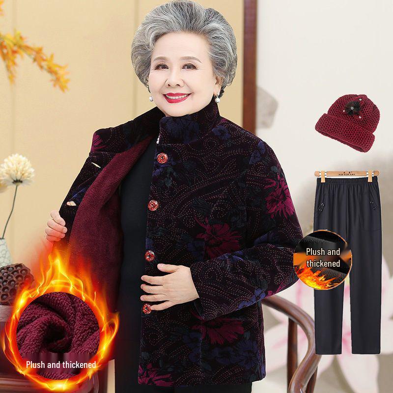 Fleece-Lined Winter Jacket for Middle-Aged and Elderly Women: Grandma Style, Thickened Cotton, Two-Piece Set (Top and Jacket).