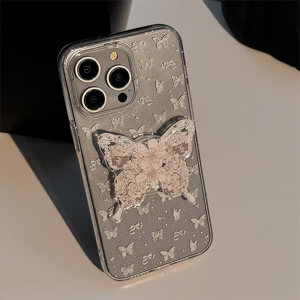 Temperament Ins White Butterfly Stand Apple 16 Mobile Phone Case 15 Glitter Powder Iphone14pro Max Suitable for 11 Fairies