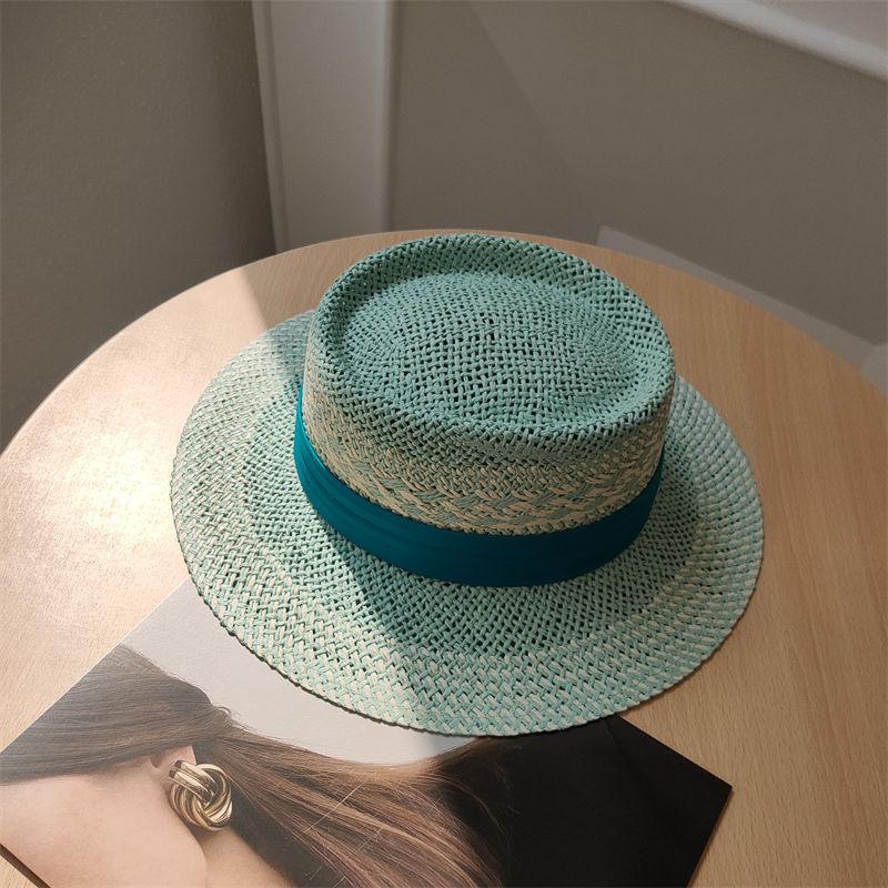 European and American style hand-woven mixed color hollow concave flat top hat women's retro versatile summer travel sun hat