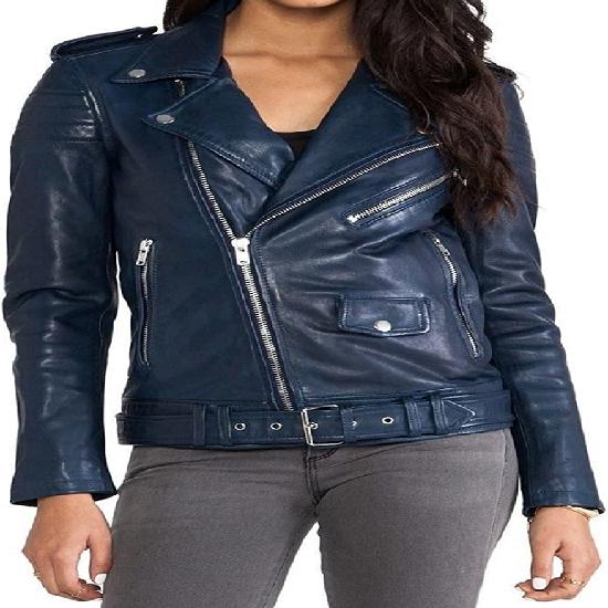 

NOORA Womens Lambskin Leather Navy Blue Biker Jacket With Zipper & Pocket | Shoulder Strap | Belted Jacket | XXXL