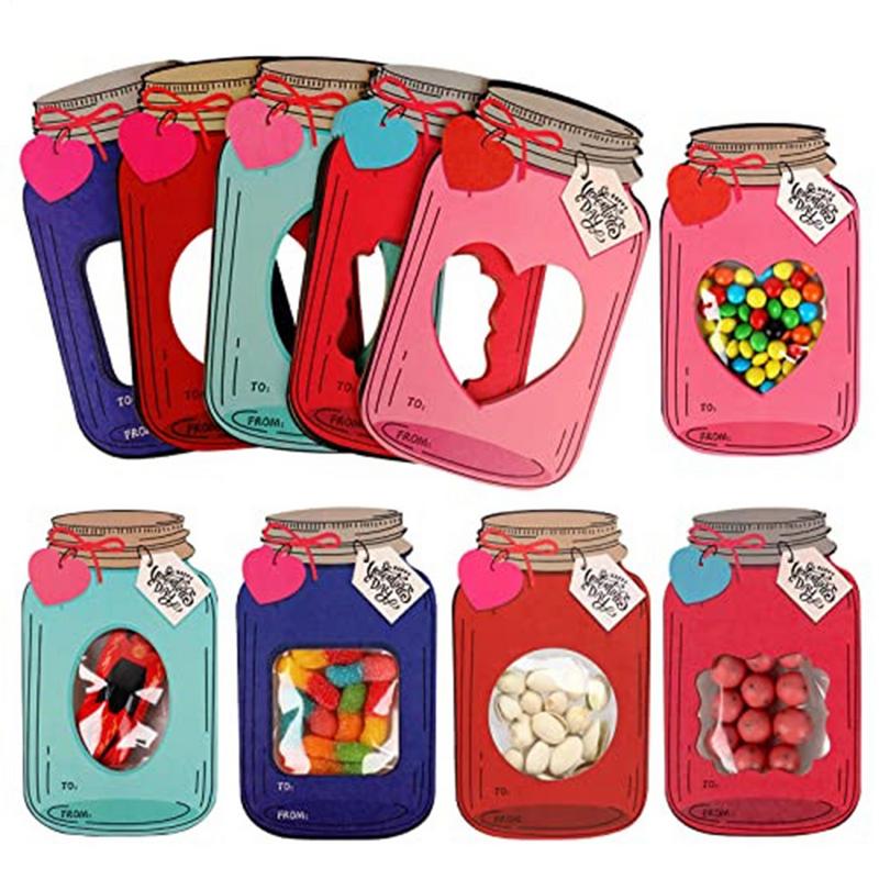 50Pcs Mason Jar Valentines Day Cards Macarons Kraft Paper Happy Valentines Cards Sturdy Retro Blank Greeting Cards for New Years