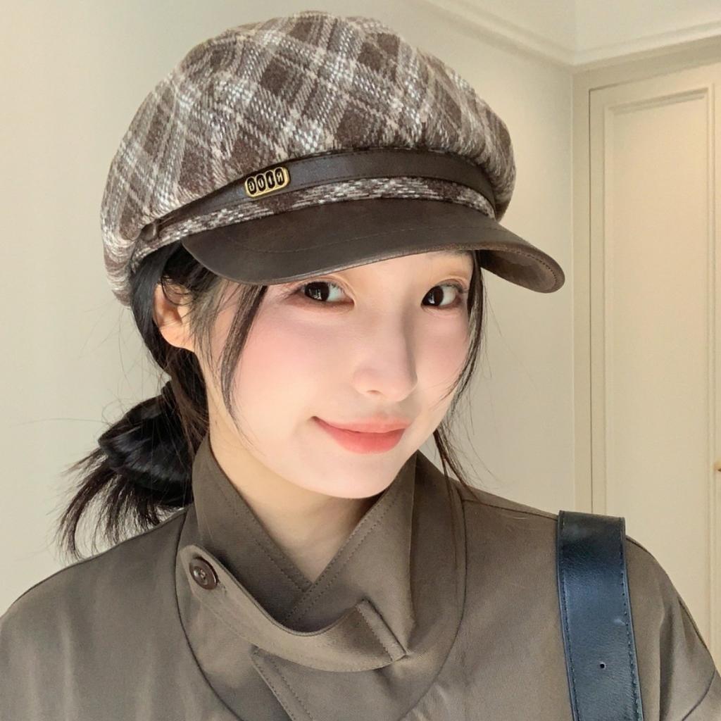Warm Shade New Autumn and Winter Woolen Plaid Retro Beret Femininity Fashionable Versatile Octagonal Hat Hat
