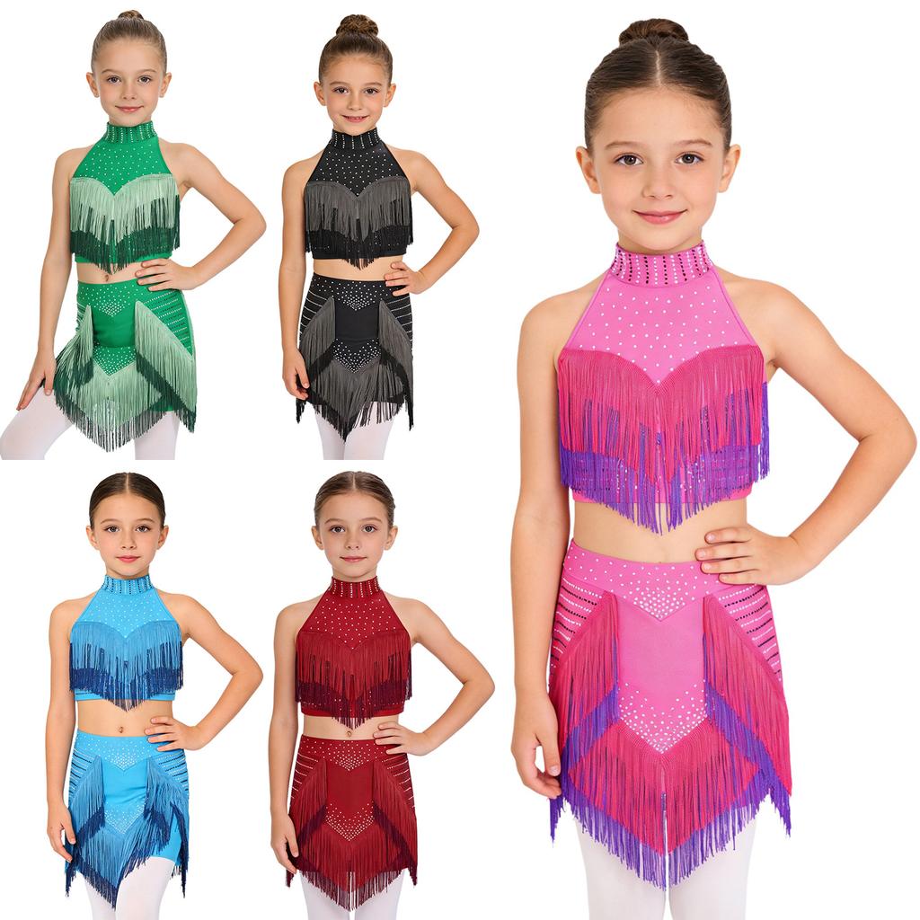 Sparkling Rhinestone Latin Dance Outfit for Kids Girls: Halter Sleeveless Backless Top with Attached Shorts Skirt for Shows