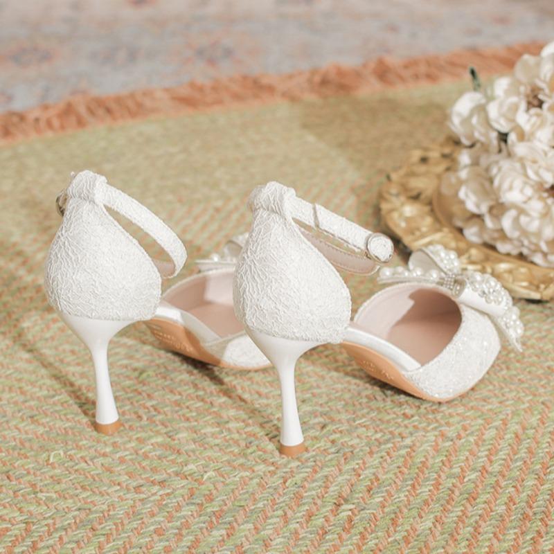 Pointed High Heels Large Size Plus Size Wide Women's Shoes Pearl Bow Single Shoes Single Buckle Hollow Sandals