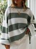 Women's Autumn New Fashion Striped Color Block Knit Sweater with Ribbed Crew Neck