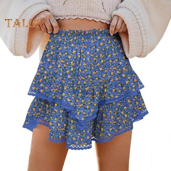 Women Cake Skirt High Waisted Double-Layered Ruffle Bohemian Mini Skirt with Elastic Waistband Lace Hem Skirt