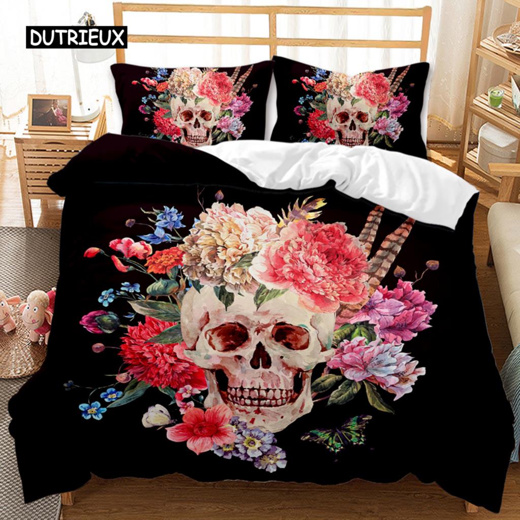 Skull Duvet Cover Set Queen 3D Skeleton Floral Skull Pattern Printed Bedding Qulit Cover Gothic Microfiber Bedding Queen Size