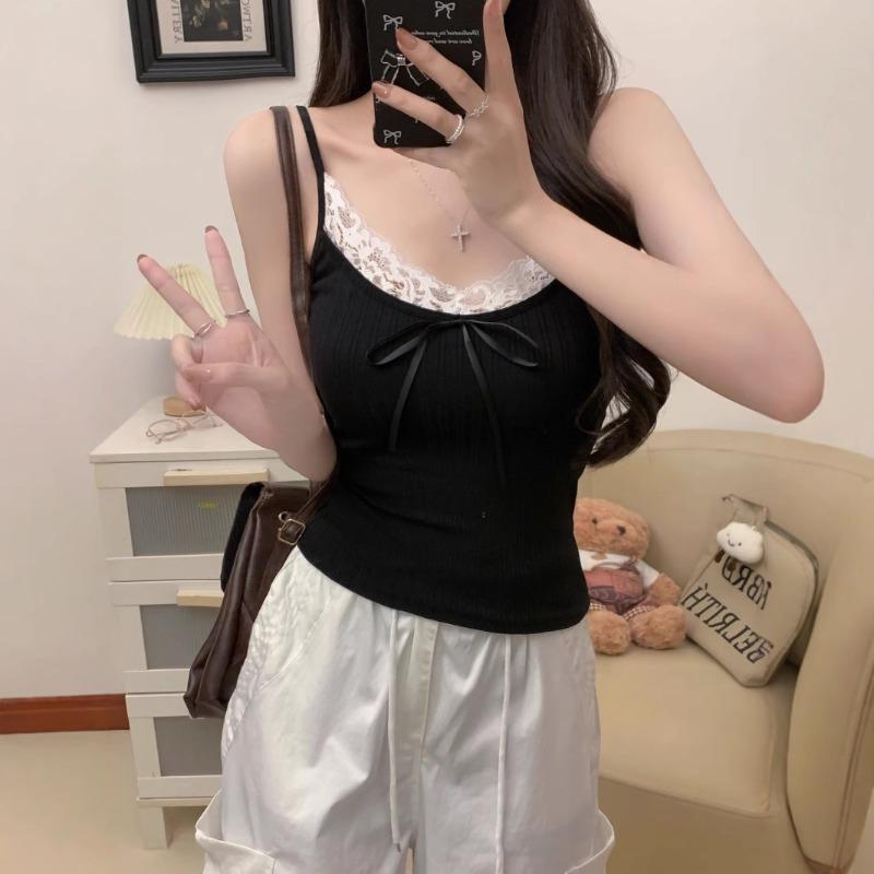 Pure Sexy Lace Splicing Pit Strap Tank Top Women with Chest Pad with Slim-fit Bottom Shirt