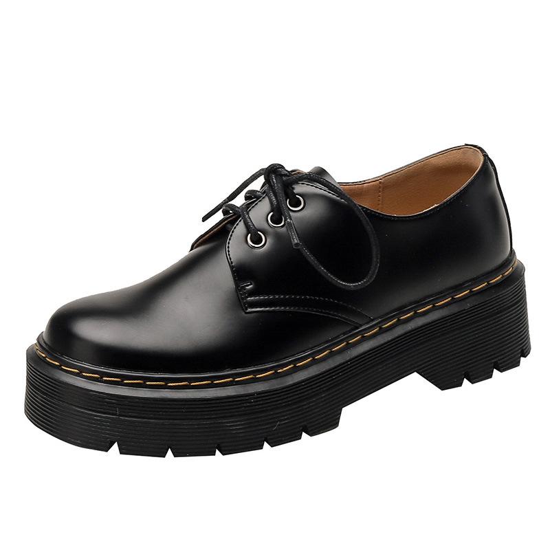 Туфли из черной кожи в британском стиле, на толстой подошве, в стиле колледжа, женские, на шнуровке, на платформе 35 чёрный