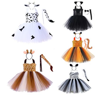 Baby Girls Halloween Cosplay Costume Kids Forest Theme Giraffe Cows Tiger Print Tutu Dress Party