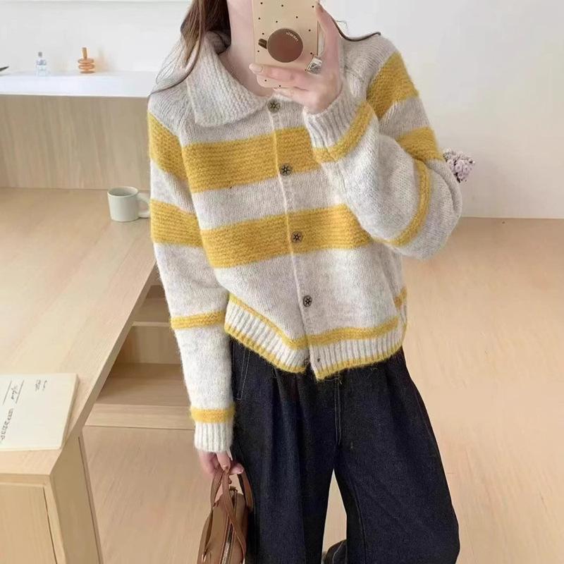 Retro Knitted Sweater Autumn/Winter Korean Knitted Collar Cardigan Striped Loose for Women