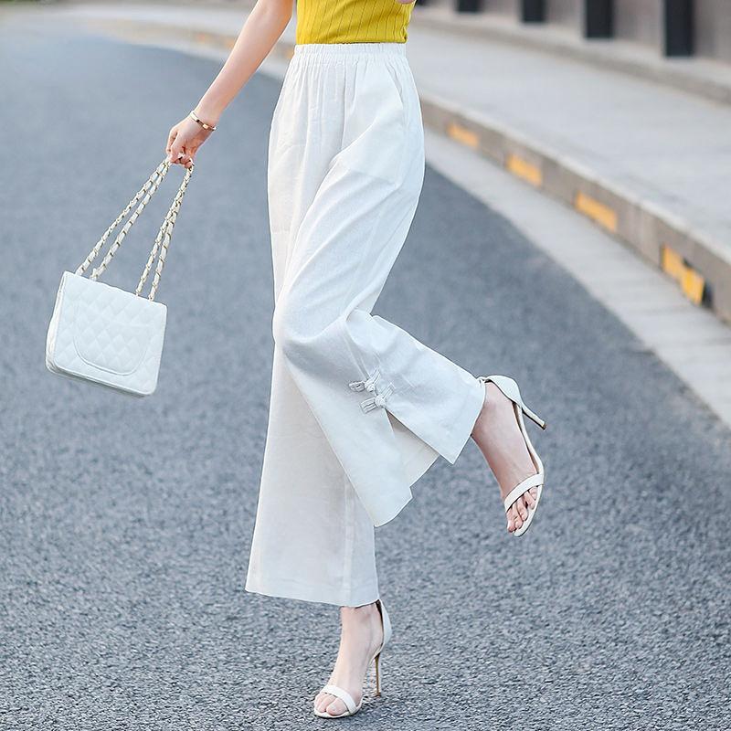 

Korean Fashion Women Cotton Hemp Oversized Pants Spring Summer High Waist Solid Wide Leg Split Loose Straight Casual Trousers S белый