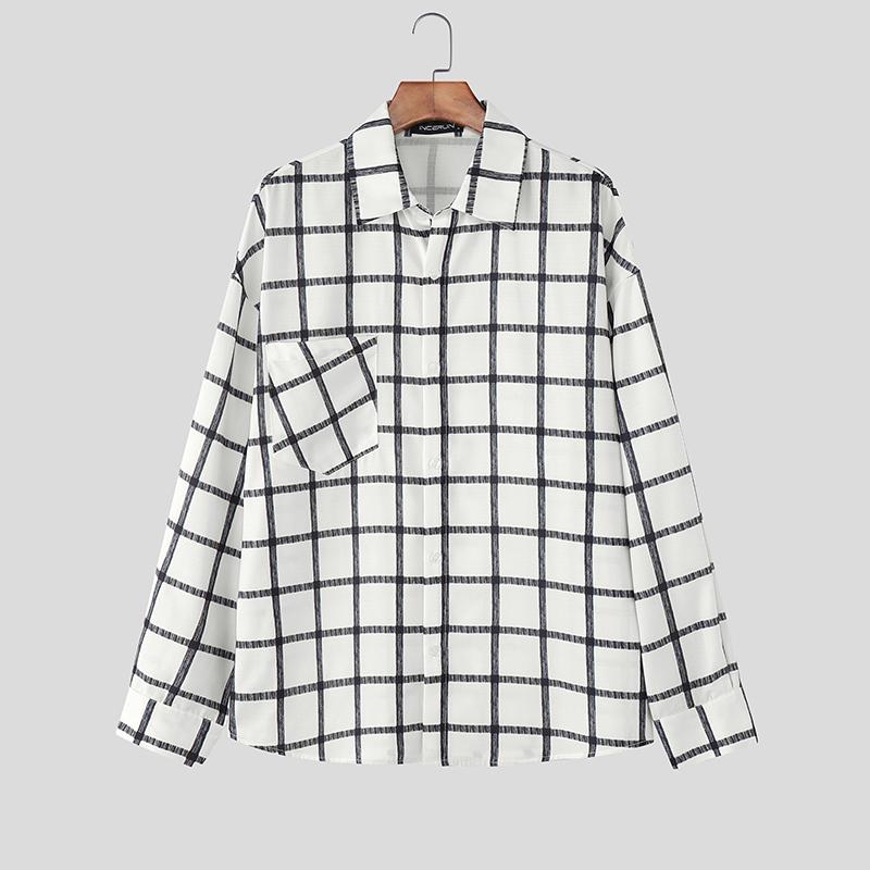 

INCERUN Oversized Men Turn-down Collar Long Sleeve Plaid Casual Loose Shirts S белый