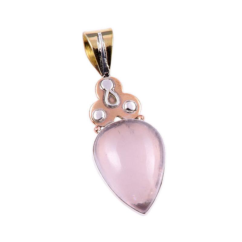 Natural Rose Quartz 925 Solid Sterling Silver Jewelry TwoTone Pendant 1.75" V1k16