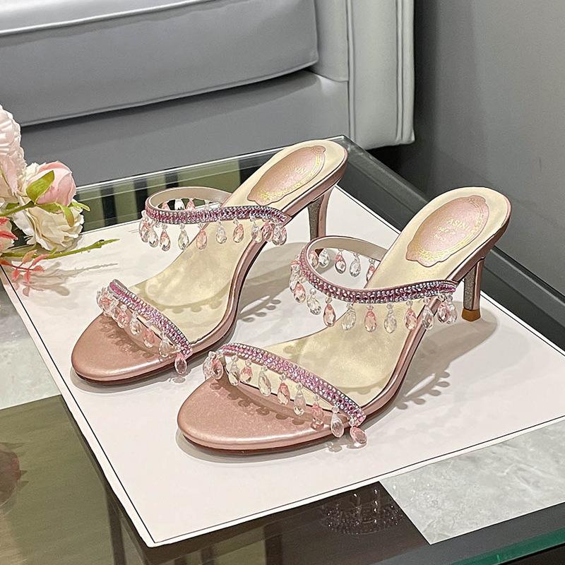 

Новые сексуальные сандалии на тонком каблуке с кристаллами и подвеской на толстом каблуке от обувной фабрики Xinhao, крутые шлепанцы 40