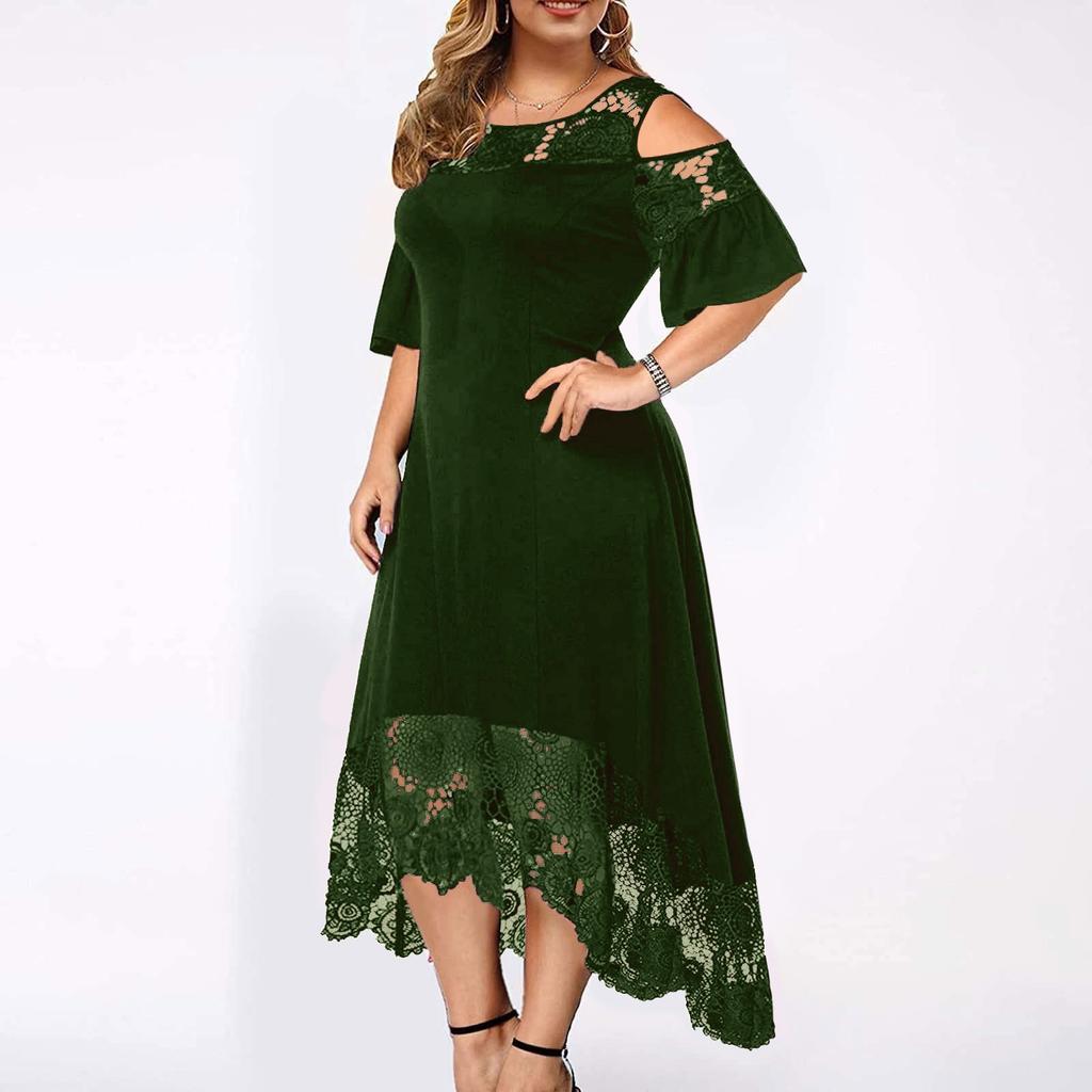Fashion Womens Lace Stitching Ruffle Short-Sleeved Strapless Sheath Dress