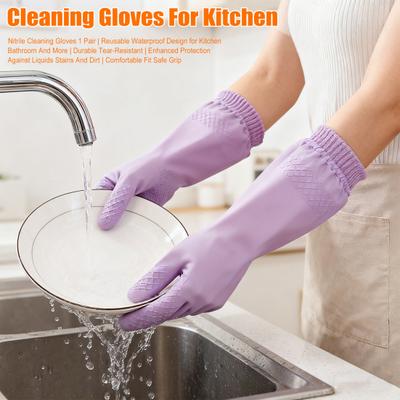1 Pair Nitrile Cleaning Gloves Reusable Waterproof Tear-Resistant Kitchen Dishwashing Housekeeping Gloves