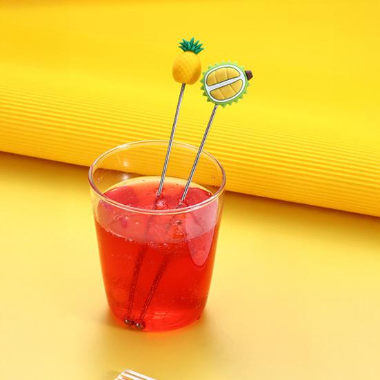 Yousheng Cocktail Stir Stick, Stainless Steel Cocktail Mixing Stick, with Durian Pineapple Strawberry Watermelon Rubber Top Decor, Drink Stirrer