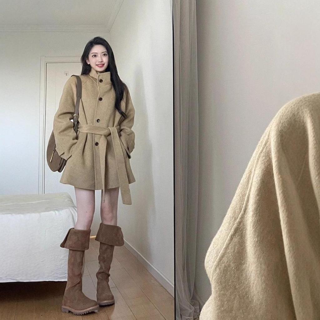 2025 Khaki Wool Coat: Petite Korean Style, High-End Autumn/Winter Fashion for Women