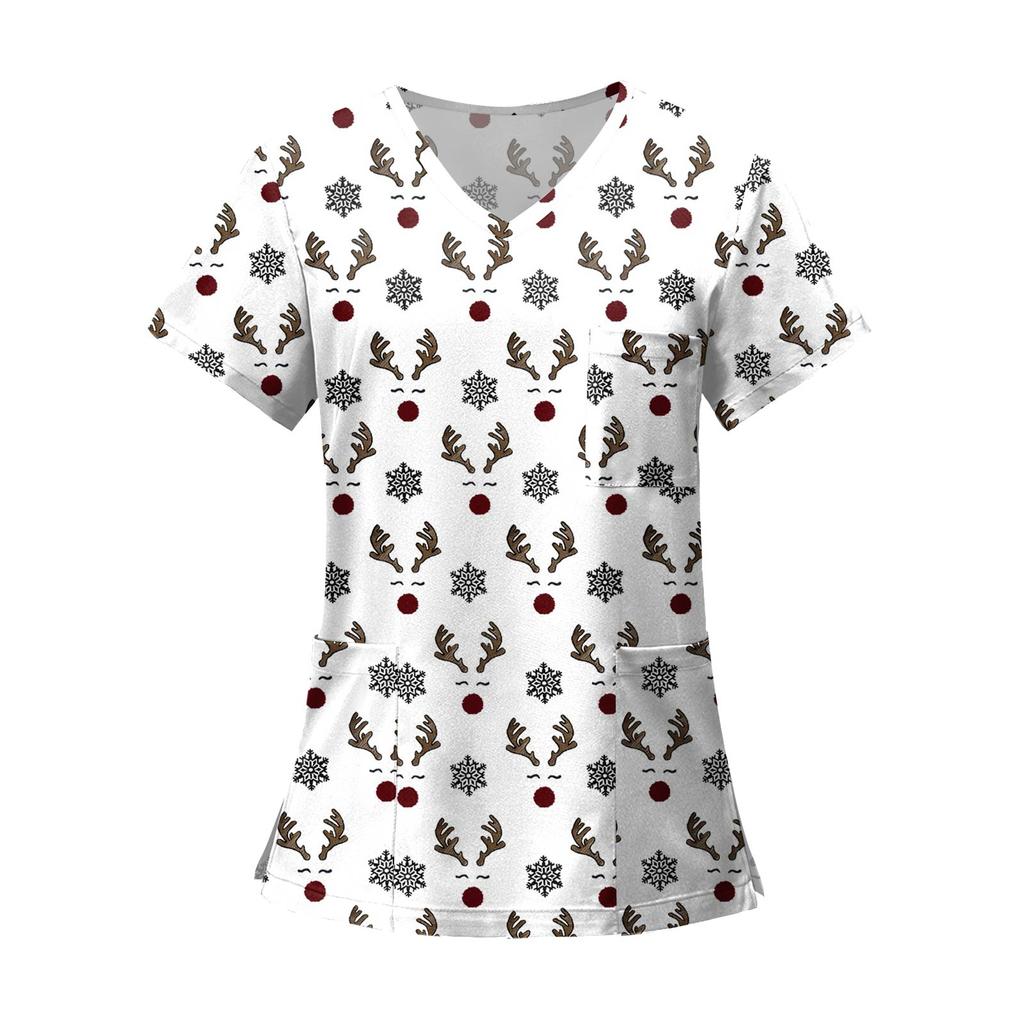 Women's Fashion Printed Short Sleeve V Neck Pattern Tops Pocket Working T-shirts