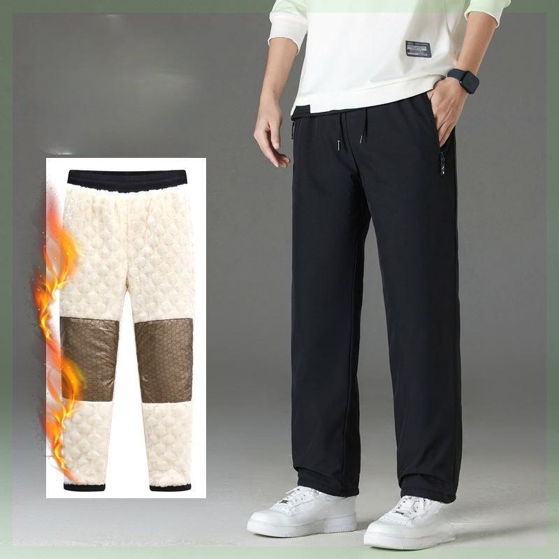 Men's Autumn Winter Fleece Lined Thickened Casual Pants Windproof Waterproof Loose Straight Leg Sports Warm Cotton Pants